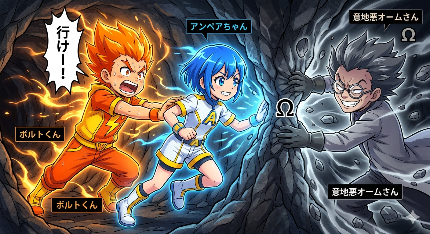 オームの法則の擬人化イメージ